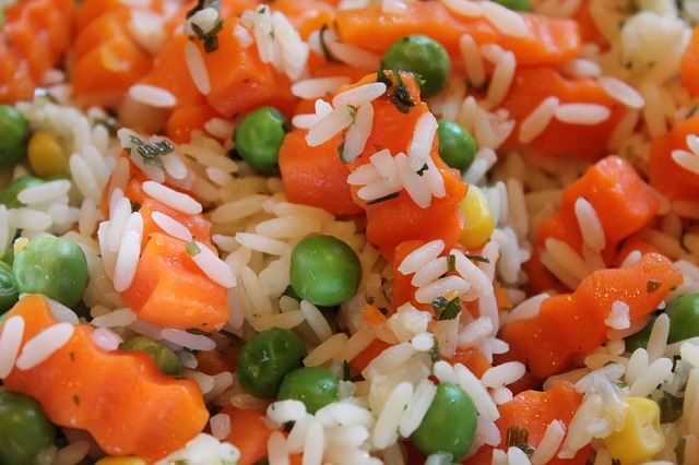 rice, carrots, peas