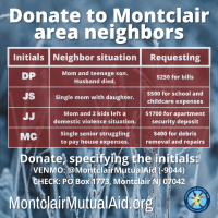 Donate to Montclair area neighbors // Initials – Neighbor situation – Requesting: // DP – Mom and teenage son. Husband died. – $250 for bills. // JS – Single mom with daughter. – $500 for school and childcare expenses. // JJ – Mom and 2 kids left a domestic violence situation. – $1700 for apartment security deposit. // MC – Single senior struggling to pay house expenses. – $400 for debris removal and repairs. // Donate, specifying the initials: // VENMO: @MontclairMutualAid (-9044) // CHECK: PO Box 1773, Montclair NJ 07042 // MontclairMutualAid.org //