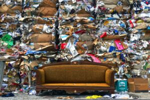 Couch in a pile of trash.